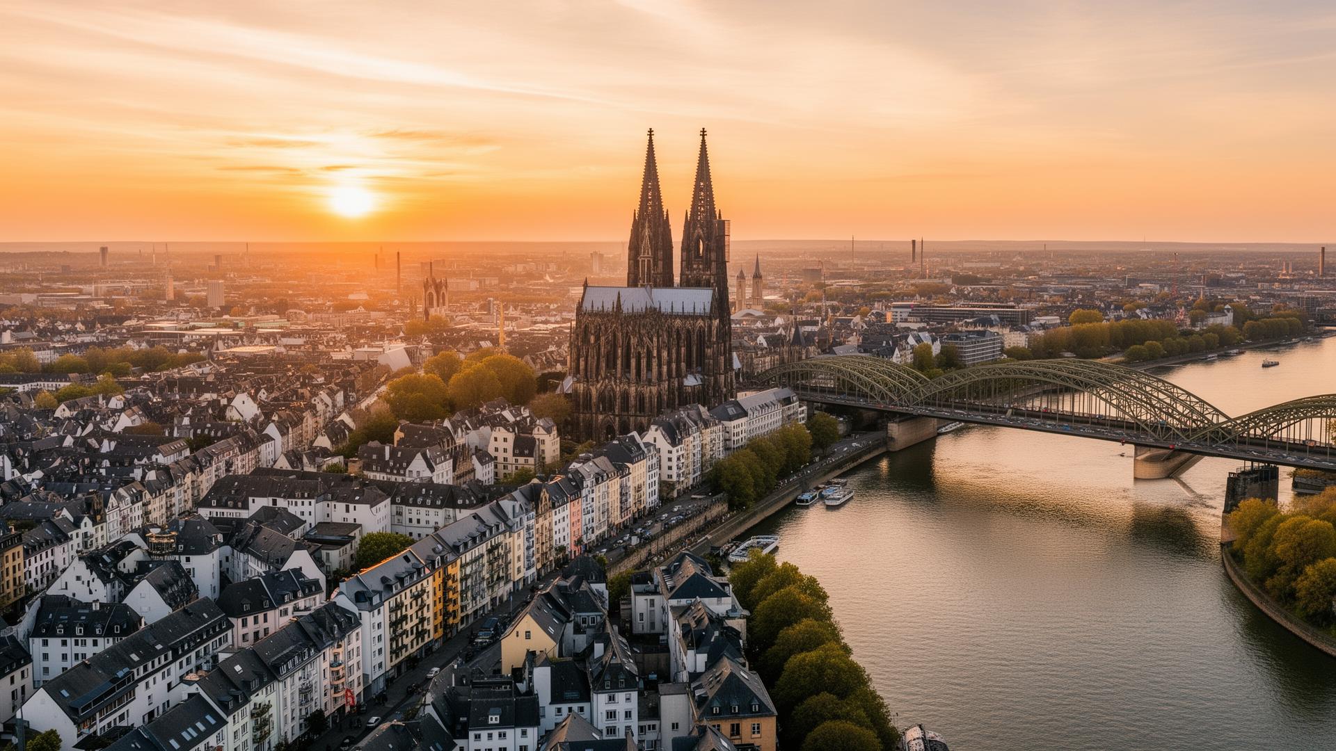 Luftaufnahme von Köln im Sonnenuntergang mit Dom, Hohenzollernbrücke und Altbau-Veedeln am Rhein